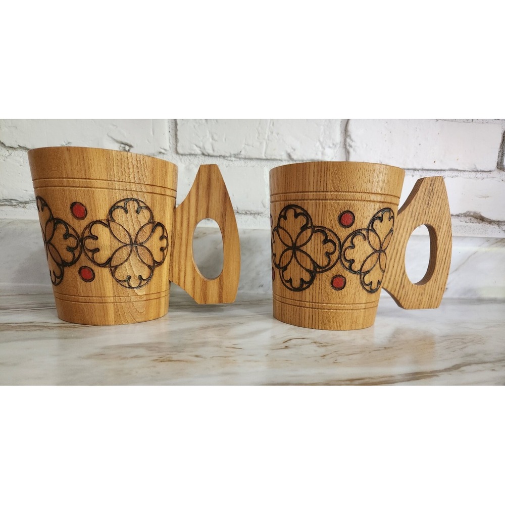 Pair of Vintage Wooden Beer Mugs Burned Etched Flowers USSR Pyrography Mug Stein